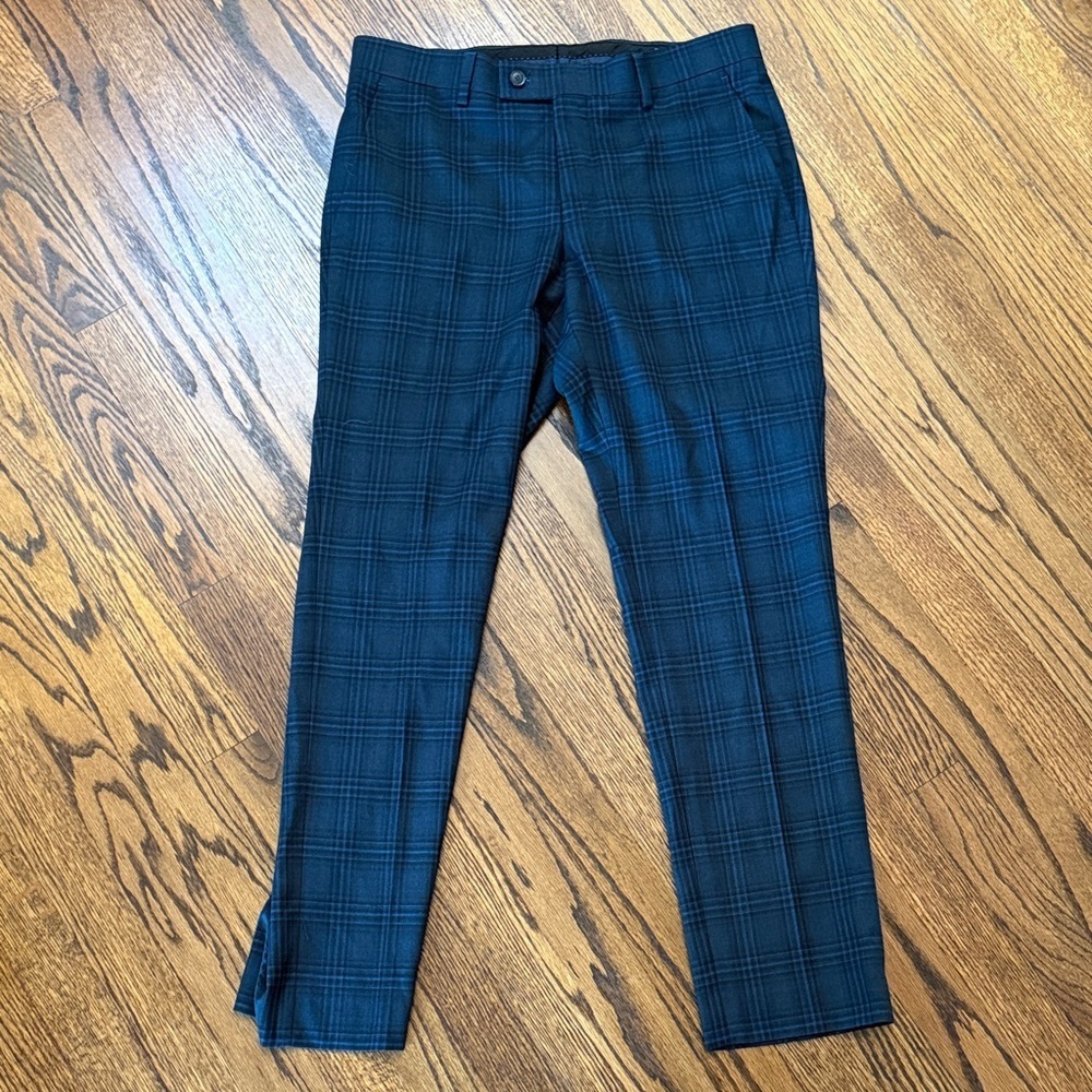 Egara 32x30 Tailored Skinny Fit Stretch Navy Plaid Dress Pants